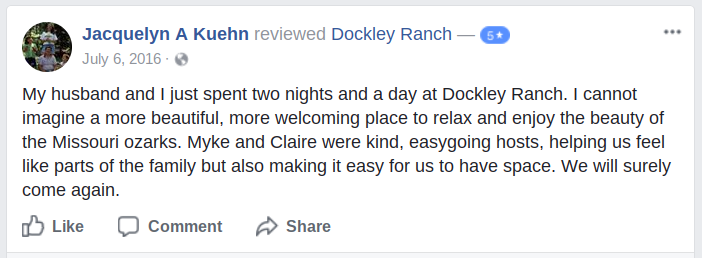 Dockley Ranch five star Facebook review Missouri Ozarks events and lodging